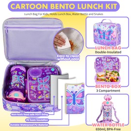 PinkSheep Kids Bento Lunch Box Set with 1200 ml Leak-Proof Lunch Containers with 3 Compartments, 22oz BPA-Free Water Bottle, Insulated Lunch Bag for School Kids Girls Boys