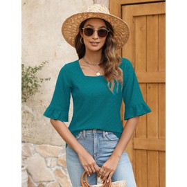 Bashafo Womens Tops Trendy Summer 3/4 Sleeve Shirts Dressy Casual Square Neck Ruffle Tunic Eyelet Blouse Peacock Blue XL
