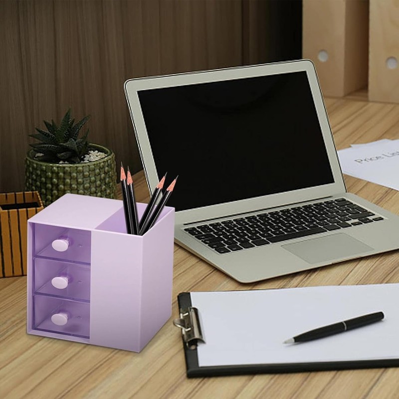 AIMALL 3-Drawer Pen Organizer, Multi-Purpose Purple Storage Box, Plastic Cosmetic