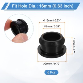 uxcell 6Pcs Rubber Grommets Fit 0.63" (16mm) Hole Dia.0.47" (12mm) H 0.24"(6mm) ID Hole Top Hat Grommet Silicone Rubber Hole Plug Gasket for Electrical Box Cable Pipe, Black