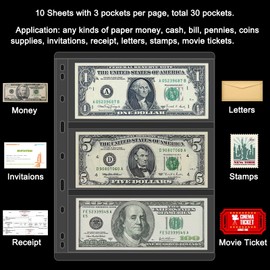 3 Pocket Paper Money Collection Supplies Pages, 10 Sheets Currency Collecting Book Album Sleeves with Standard 9 Hole for Coin Binder, Coin Collection Supplies Pages for Stamps Invitations Receipt