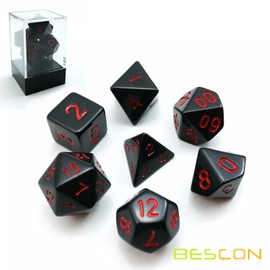 Bescon Polyhedral Dice Set Opaque Black with Red Numbers, Black RPG Dice Set of 7 d4 d6 d8 d10 d12 d20 d% Brick Box Pack