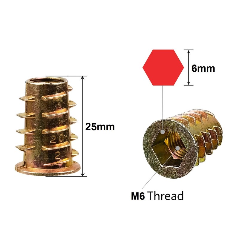 TERF® M6 (6mm) X 25mm Wood Insert Hex Socket Nuts
