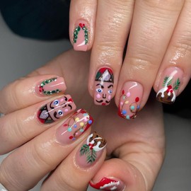 Christmas Fake Nails Short Square Winter Press on Nails Full Cover Mechanical Santa Claus False Nails with Designs Red Christmas Fruit Glossy Glue on Nails Manicure Artificial Nails for Women Girls