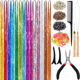 Heat Resistant Hair Tinsel Kit (48 Inch, 14 Colors, 3500 strands), Tinsel Hair Extensions with Tools for Women Hair Accessories