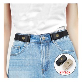 WHIPPY 2 Pack Buckle Free Comfortable Elastic Belt for Women or Men, Buckle-less No Bulge No Hassle Invisible Belts (Black Creamy White, Fit Pants Size 32-48 Inches)