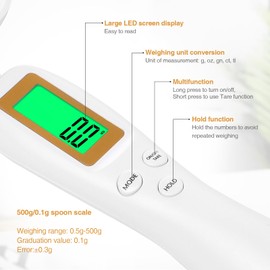 Spoon Scales Digital Measuring Spoon, 500 g / 0.1 g Spoon Scales Digital Weighing Spoon with Hold and Tare Function 4 Units and LCD Display, Spoon Scales for Smallest Quantities, Precision Scales for