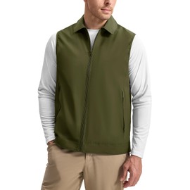 Rdruko Men's Golf Vest Lightweight Outerwear Windproof Water Resistant Grid Lining Vest with Zipper Pockets for Casual, Army Green, L
