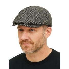 Men's Herringbone Wool Blend Flat Cap, Light Grey, One Size Fits 56-58cm