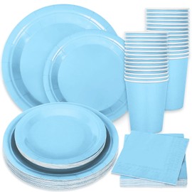 Whaline 100Pcs Light Blue Tableware Set Wedding Disposable Dinnerware Set 50Pcs Paper Plates 25Pcs Napkin 25Pcs Cups for Birthday Bride Shower Party Supplies Table Decor