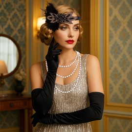Wecoe 1920s Flapper Accessories Set for Women - 6Pcs Including Feather Headband, Pearl Necklace, Gloves & Earrings - Vintage Costume Jewelry