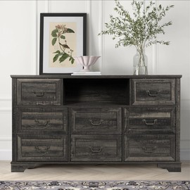 HXZDZ Farmhouse 8 Drawers Dresser for Bedroom, 55" Wide Wood Rustic Chest of Drawers with Natural Texture, Vintage Closet, Storage Dressers Organizer for Bedroom, Living Room, Hallway, Dark Rustic Oak