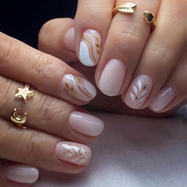 MERVF Square Press on Nails Short Fake Nails French Tip Squoval Glue on Nails with Leaf Design Acrylic Nails Press ons 24pcs Glossy White Gold False Nails Thanksgiving Day