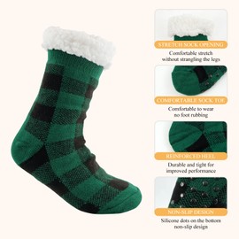 GERINLY Women Slipper Socks Winter Warm Cozy Indoor Socks Fuzzy Plaid Thermal Non Slip Thick Comfy Soft (Green)