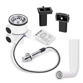 AQUADE 72339 Strainer Basket Valve 70 mm with Eccentric Valve, Pull Actuation, Overflow Set, Stainless Steel, Plastic