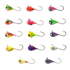 Tungsten Ice Fishing Jig Set Ice Fishing Lures, Max Sensitive Tungsten Tear Drop Ice Jig Head Hook for Panfish, Crappie, Walleye, Perch, Trout, Bluegill (14 Colors Combination, 3MM, 1/60 OZ)