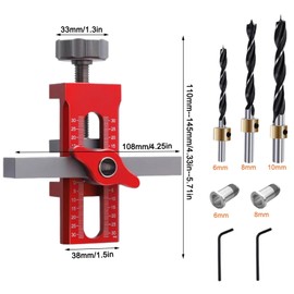 Cabinet Door Installation Jig, 2-in-1 Mounting Tool with Adjustable Positioner, Aluminium Alloy Versatile Cabinet Door Positioning Tool for Most Cabinet Doors with 3 Drill Bits (Red)