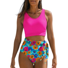 Dokotoo Womens 2 Piece Swimsuit Scoop Neck Sleeveless Racerback Flattering Bathing Suits Tummy Control High Waisted Tie Knot Long Lined Floral Bikini Rose Medium