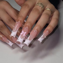 BABALAL White Press on Nails Long Square Fake Nails French Tip Glue ons Nails Bow Pearl Design Squoval Acrylic Nails 24Pcs Manicure False Nails