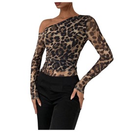 WDIRARA Women's Leopard One Shoulder Bodysuit Ruched Long Sleeve Leotard Top Multicolor Medium