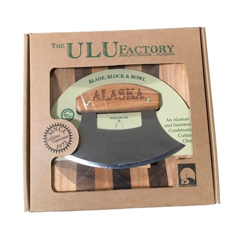 Alaskan Birch Wood Ulu Mezzaluna Knife and Bowl Set "