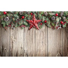 Baocicco Vinyl 10x8ft Merry Christmas Backdrop Photography Background Christmas Tree Decorations Red Berries Stars Wooden Wall Texture Vintage Backdrop Children Kids Adults Portraits Photo Studio