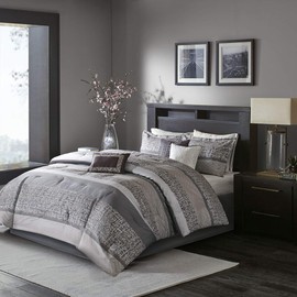 Madison Park Luxury Comforter Set-Traditional Jacquard Design All Season Down Alternative Bedding, Matching Bedskirt, Decorative Pillows, Queen(90"x90"), Rhapsody, Striped Grey/Taupe 7 Piece