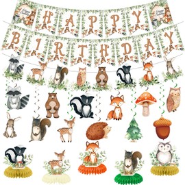 Woodland Animals Party Decorations Forest Animals Birthday Party Decor Supplies Includes Happy Birthday Banner Woodland Animals Hanging Swirls Cute Wild One Honeycomb Centerpiece