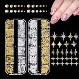 2 Boxes Gold Silver 3D Nail Gems Charms,Metal Gold Star Starshine Nail Art Studs,Silver Golden Micro Caviar Nail Beads Alloy Rivet Nail Charms DIY Charms for Nail Art Accessories