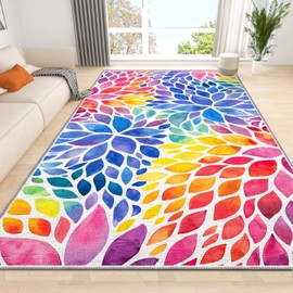 Abstract Colorful 8x10 Area Rug Modern Rainbow Dahlia Floral Rugs Multicolor Area Rugs, Non-Slip Machine Washable Floor Carpet for Bedroom Living Room Playroom Classroom Dorm Office 8' x 10'