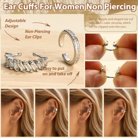 JeweBella Ear Cuff Non Piercing Gold/Silver Clip on Earrings 18K Gold Plated Ear Cuffs for Women Girls Adjustable Chunky Fake Piercing Earrings Set Hypoallergenic Cartilage Helix Wrap Earring Set