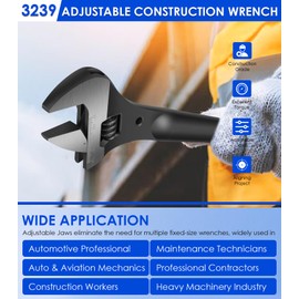 3239 Adjustable Spud Wrench, 16 Inch Length Construction Wrench, 1‑5/8 Inch Extra Wide Opening, Fits Heavy Nuts & Bolts Up to 1 Inch, with Tether Hole and Laser Metric Scale Design