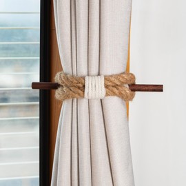 Curtain Tiebacks Farmhouse Holdbacks,Nautical Boho Rustic Curtain holders,Cotton Jute Rope with Wood Club,Wood Vintage Natural Woven Curtain ties for Window Drapery 2Pcs