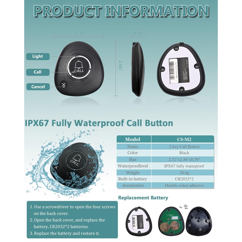 WNKRUN Wireless Call Buttons 2-Key for Restaurant Pager System M2