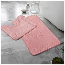 Lions Bath Mat - 2 Piece Greek Key Pattern Bath Mats for Bathroom, Non Slip Bathroom Mats Pedestal Set, Super Soft Washable Toilet Rugs, Quick Dry Water Absorbent, Blush Pink