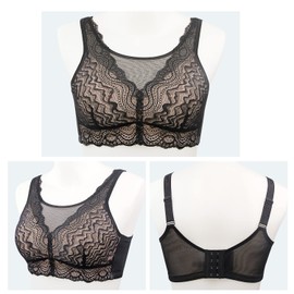 ONEFENG Mastectomy Bra with Pockets, Cotton Pocket, Post-Surgical Bra for Prostheses, Women's Lace Everyday Bra, black, 80B