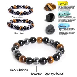 ZatRuiZE Triple Protection Beads Bracelet for Men & Women, Black Obsidian,Tiger Eye,Hematite Stone Bracelet - Prayer Beads for Energy, Balance