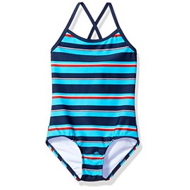 Kanu Surf Girls' Layla Beach Sport Banded 1 Piece Swimsuit, Bridget Navy/Aqua Stripe, 3T
