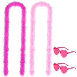 Feather Boa,2 PCS Artificial Fluffy Boas Feather Boas Multipack,Pink Feather Boa with Frameless Sunglasses,Feather Boas For Parties,Celebrations,Stage Performances,And Photo Shoots(Pink+Rose Red)