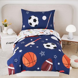 STYHO Navy Blue Toddler Bedding Set Boys Ball Sports Themed Cot Duvet Cover Soft Reversible Cartoon Football Baseball Cot Bed Duvet Cover Set for All Seasons(Ball, Cot Bed)