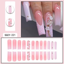 Press on Coffin Nails Long Length Glossy Full Cover Acrylic Extra Long Square False Nails with Designs Artificial Ballerina Square Fake Nails with Charm Glue ons Nails Fingernails for Women(SGCY221)