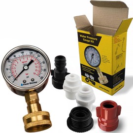 Flow Doctor Water Pressure Glycerin Filled Gauge Kit, All Purpose, 6 Parts Kit, 0 To 200 Psi, Standard 3/4" Female Garden Hose Thread Plus 5 Adapters To Test in Multiple Locations Indoors and Outdoors