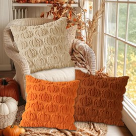 Benjia Fall 18x18 Throw Pillow Covers Set of 2, Autumn Rust Pumpkin Throw Pillow Cases Soft Plush Faux Fur Wool 45 x 45 cm Autumn Cushion Case for Indoor Home Bedroom Couch Sofa Decor (Beige)