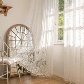 Sutuo Home Boho Curtains 2 Panels 63 Inches Length, Window Treatments Bohemian Embroider Sheer Crochet Lace Vintage Drapes Pair, Country White Florals Knitted Handmade Tassels Rod Pocket, 52" x 63"