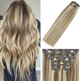 WindTouch Clip in Hair Extensions for Women Real Human Hair, 14 Inch 120g Ash Blonde Mixed Bleach Blonde, Highlighted Hair Extensions Real Human Hair Clip ins, Blonde Hair Extensions