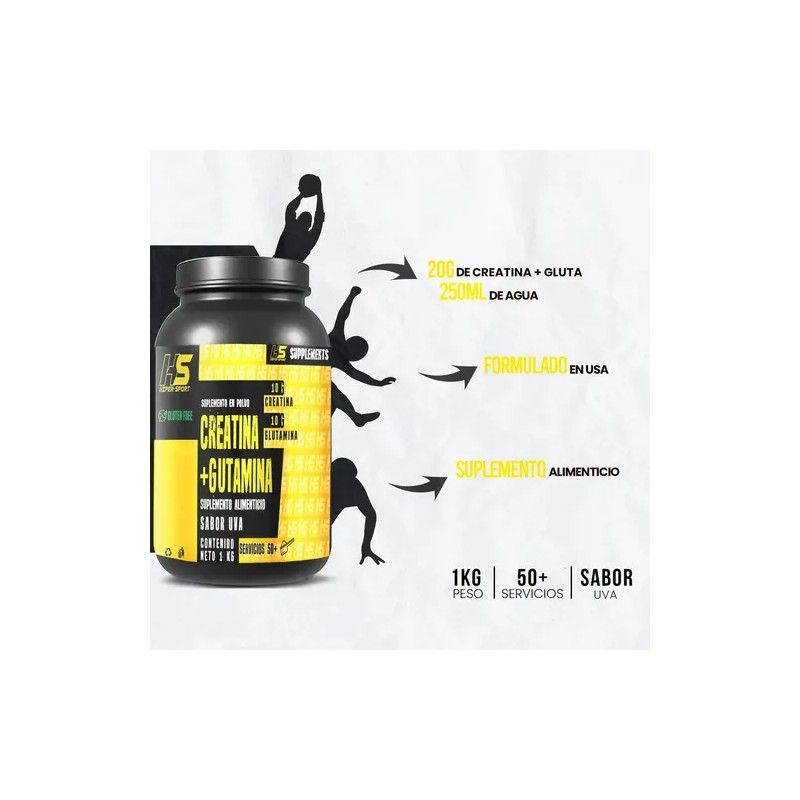 Creatina Monohidratada con Glutamina Hiper Sport de Uva, 1 kg