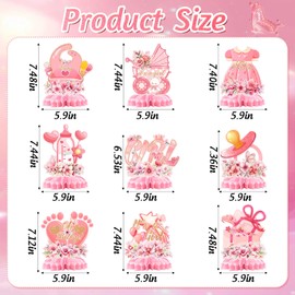9Pcs Pink Baby Shower Decorations, Honeycomb Baby Girl Shower Centrepieces Floral Honeycomb Table Decorations Girl Pregnancy Announcement Table Decorations Gender Reveal Party Supplies