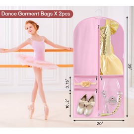 KIMBORA Costume Dance Garment Bag with 3 Clear Zipper Pockets for Suits Dress Cover, Travel Storage & Competitions, Set of 2 (Pink)
