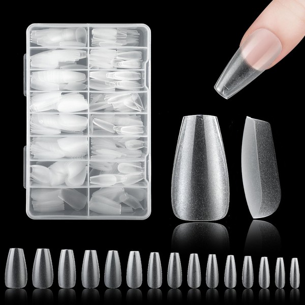 cobee False Nail Tips Made of PMMA Press On Long 450 Pieces Pre-Etched Soft Gel Nail Tips Clear Matte 2 mm Ultra Thin Full Cover Artificial Nail Tips, 15 Sizes (Trapezoidal)