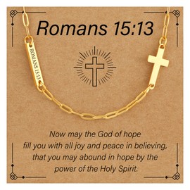 Ascona Gold Cross Necklace for Women，Gold Plated Dainty Christian Romans 15:13 Faith Necklace Jewelry，Sideways Tiny Cross Necklace Religious Gifts for Women